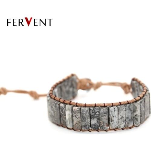 New Bohemia Bracelet Natural Stone Jaspers Vintage Leather Wrap Bracelet Semi Precious Stone Beaded Cuff Bracelet Dropshipping