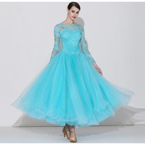 Ballroom dance wear women Modern dance costumes girls Waltz Tango performance uniforms lace fairy sky bule big skirt dress 7031