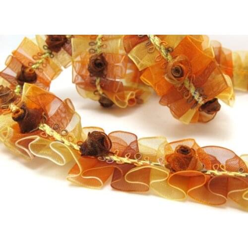 Pleated Trim|w Rococo Flower Trim|1 1/8 Inches Pleated Ombre Printed Chiffon Trim|Organza Chiffon Trim|Retro Handmade Supplies