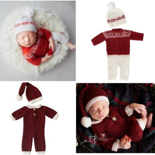 Newborn Photography Props Baby Boy Girl Knitted Wool Romper Jumpsuit Outfit Christmas Photography Clothing