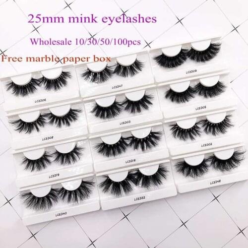 25mm Mink Flase Eyelashes 10/30/50/100 Pcs Wholesale Free Marble Paper Box Dramatic Long Mink Lashes