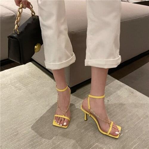 Womens Summer High Heel Sandals Metal Chain Square Toe Slippers Fashion Sexy Party Slip On Shoes Candy Colour Sandals 2021 New