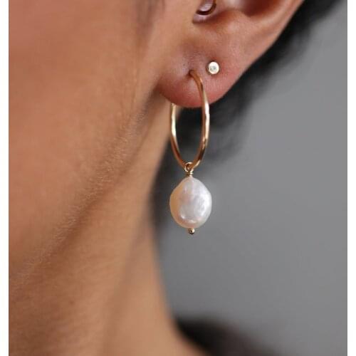 38MM Gold Filled Hoop Earrings Natural Baroque Pearls Earrings Jewelry Circle Earrings Boho Brincos Pendientes Oorbellen