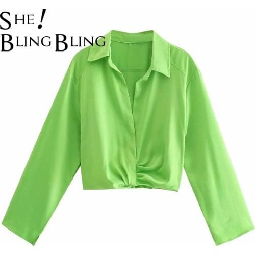 SheBlingBling Za Woman Green Summer Casual Slim Shirts Deep V Ruched Draped Elastic Hem Blouses Traf Femme Tee Shirt Crop Tops