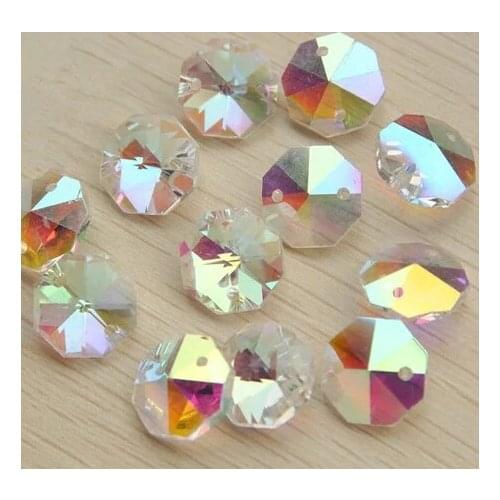 AB Color 100pcs/Lot 14mm Crystal Glass Octagon Beads 2 Holes Crystal Chandelier Prism Beads For Home Wedding Decoration