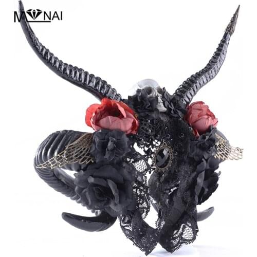 Vintage Retro Skull Antelope Horns Headband Gothic Roses Lace Hairband For Party Halloween Fancy Dress