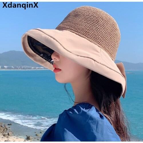 XdanqinX New Summer Womens Hat Panama Bucket Hats Foldable Hollow Breathable Travel Straw Hat Bow Decoration Female Beach Hat