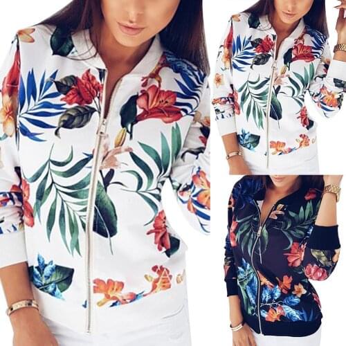 Plus Size Flower Leaves Print Sports Women Long Sleeve Baseball Jacket Zip Coat Cardigan