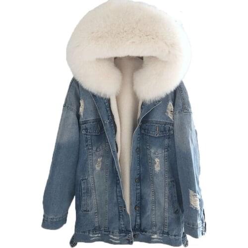 New 2020 Winter Jacket Women Denim Parka Natural Fox Fur Collar Hood Thick Warm 30% Wool Fur Liner Outerwear Real Fur Coat