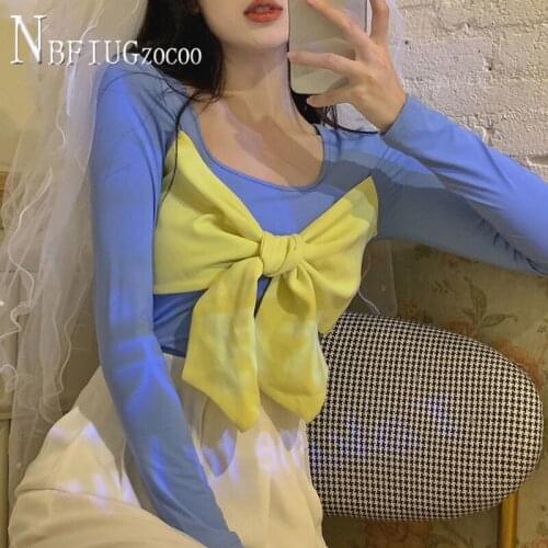 2020 New Korean Bowknot Women T Shirt Slim Long Sleeve Female Bottoming Tee Shirts