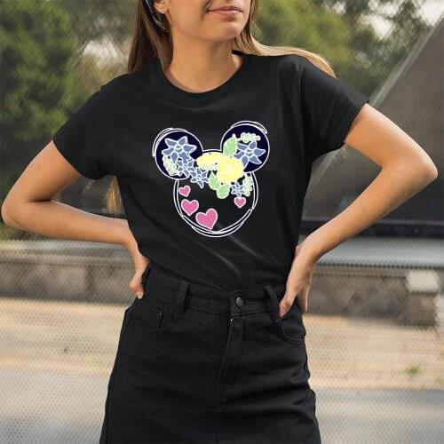 Women T-Shirt Top Mickey Mouse Printing Black Tee Round Neck Disney Korea Style Fashion Short Sleeve Dropship New Tshirt Female
