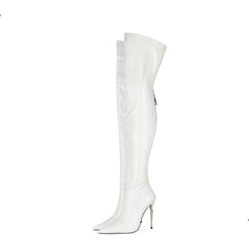 Stiletto High Heels Patent Leather Over The Knee Boots Metal Heel Pole Dance Boots Reverse String Long Boot Queen Shoes Woman