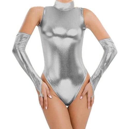 Women Sexy Jumpsuits High Neak Sleeveless Leather Bodysuit Clubwear Slim Wet Look PU Jumpsuit Back Zipper Sexy Women Bodycon