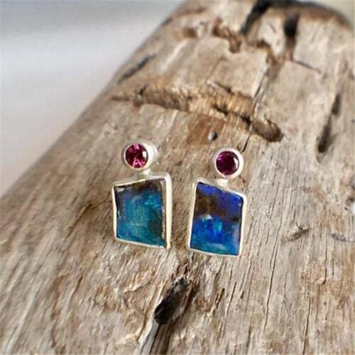2021 Lovely Ocean Blue Opal Stone Stud Earrings for Women Vintage Brincos Fashion Geometric Style Tiny Red Zircon Earring Gifts