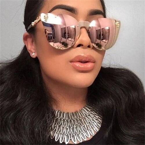 Gothic Womens Oversized Skull Rimless Cat Eye Sunglasses Metal Frame Sun Glasses Men Designer Brand Luxury Mirror Sunglasses UV