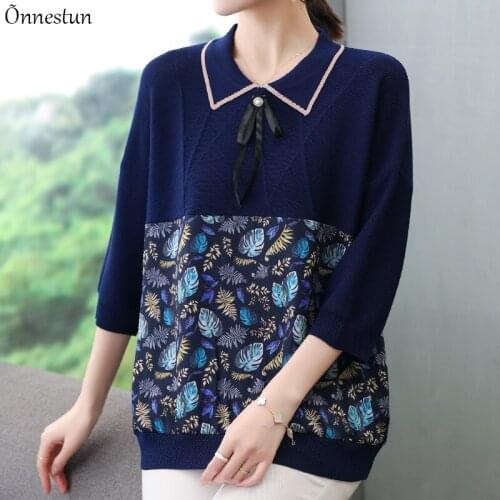 Turn Down Sweater Women Autumn SpringPullovers Knitted Sweater Korean Style Half Sleeve Top Print Patchwork Pull Femme Sweaters