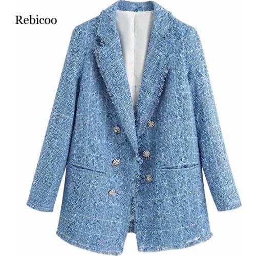 Vintage women tweed blue lattice long blazer female fashion jewellery button double breasted long sleeve loose blazer outwear