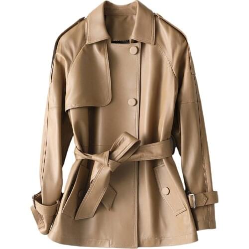 New Spring Autumn Womens Leather Long Coats High Quality Sheepskin Large Size Female Overcoats Belt Loose Trendy Lady Outerwear