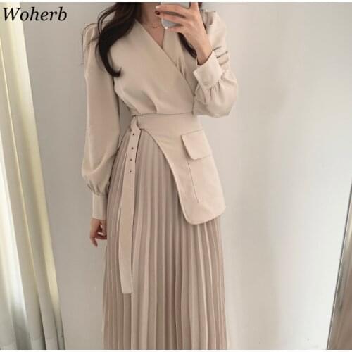Woherb Office Ladies V-neck Patchwork Pleated Dress 2021 Spring Summer Solid Vestidos Full Sleeve Belted Korean Female Dresses