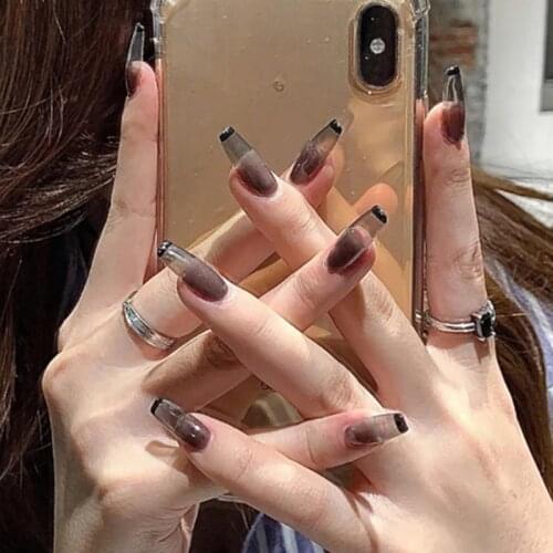 24pcs false nails with glue Ballet Transparent Black Wear Long Paragraph Fashion Manicure Patch False Nails Wearable Nail Patch