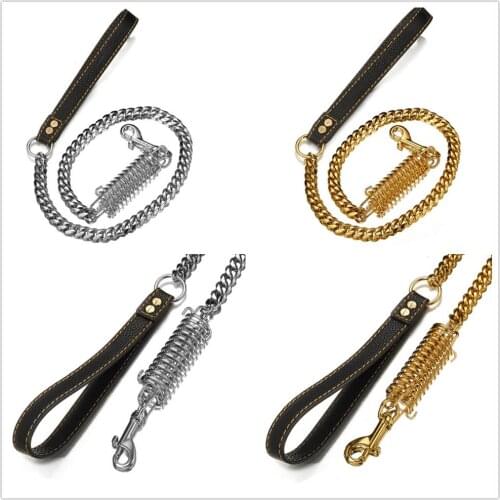 39" 15mmBlack Braided Genuine Leather Anti-lost Dog Collar Leash Stainless Steel Silver Color/Gold Curb Chain For WalkingRunning