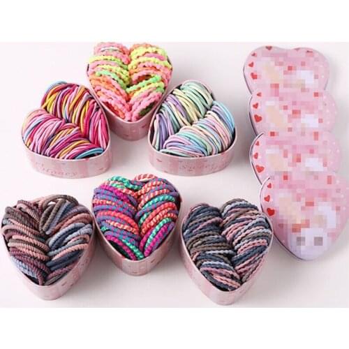 50PCS Pink Heart Box Colorful 3cm Elastic Hair Bands Girls Cute Ponytail Holder Rubber Bands Scrunchies Fashion Hari Accessories