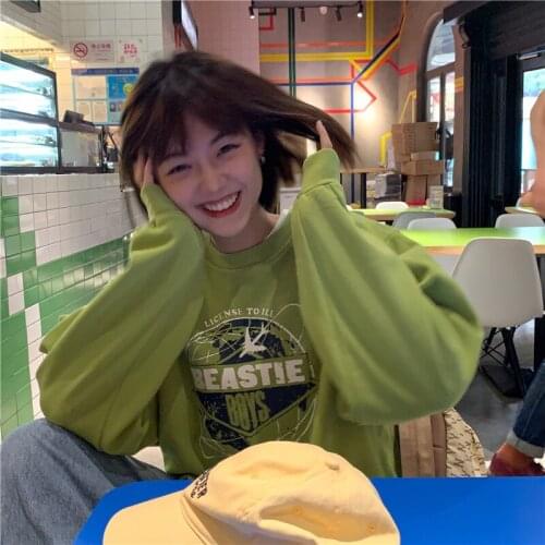 #7119 Green Blue Casual Loose Print Long Sleeves Sweatshirt Tops Pullovers O Neck Spring Autumn Thin Sunscreen Top Coat Women