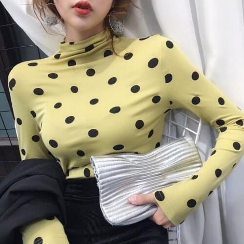 Blouse Women 95% Cotton Turtleneck Polka Dot Long Sleeve Shirts Womens Autumn Clothing Slim Fit Top Blusas Ropa De Mujer