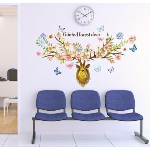 Large Painted Forest Deer Butterfly Flower Wall Sticker Christmas Decoration Removable Sofa Chair TV Decor adesivos de parede