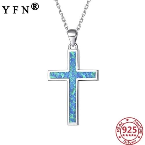 YFN 925 Sterling Silver Necklace Cross Created Opal Silver Chain Women 925 Womens Jewelry 925 Silver Chain Valentines Day Gift
