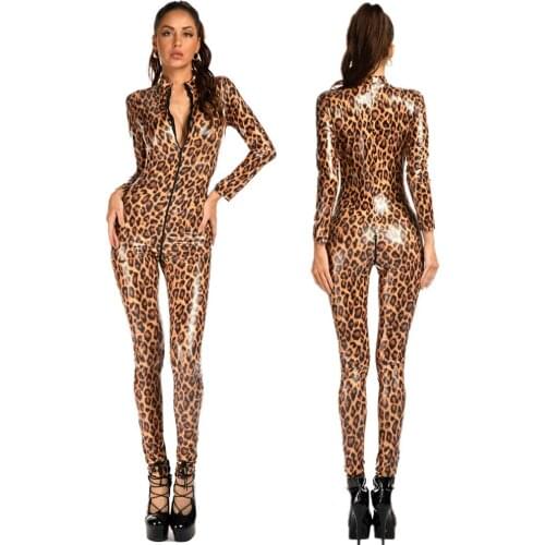 Erotic Woman Sexy Crotchless Leopard Latex Jumpsuits Double Zipper Open Crotch Bodysuit Elastic PU Leather Catsuit Lingerie