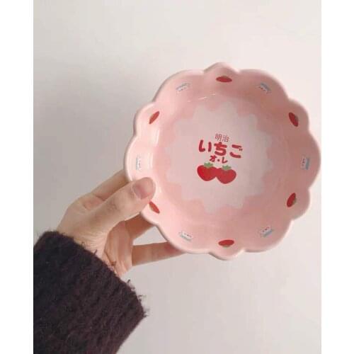 Fruits salad bowl pink strawberry Cartoon ceramics fork spoon cup mug girls breakfast Dessert bowl tableware Kitchen Dinnerware