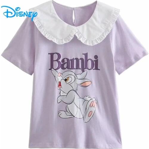 Disney T Shirt Women Bambi Thumper Rabbit Cartoon Harajuku T Shirt Vintage Peter Pan Collar Female Casual Tee Tops Short Sleeve