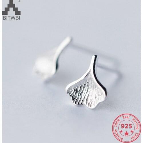 Hot 100% 925 Sterling Silver Simple Cute Sweet Ginkgo Biloba Leaf Japanese Stud Earring for Women