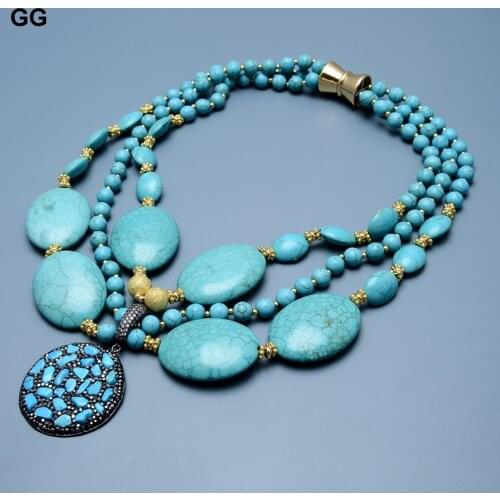 GuaiGuai Jewelry 3 Strands Gold Color Plated Round Oval Blue Turquoises Necklace Turquoise CZ Pave Pendant For Women