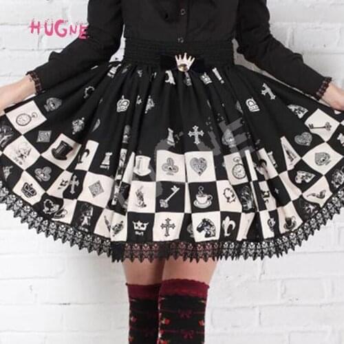 Hugne Gothic Elastic Waist Skater Skirt Sweet Checkered/Plaid Kawaii Black Lace Short Lolita Skirts