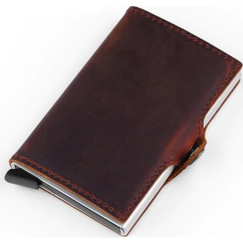 BISI GORO Fashion Wallet Genuine Leather Unisex Business Card Holder Metal Rfid Blocking Mini Slim Wallet Hasp Travel Purse