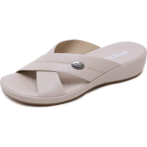 Summer women slippers buckle real leather slides shoes solid thick sole heels beach sandals women outside platform slippers