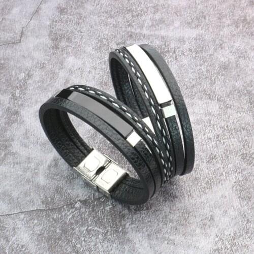 Hot Selling New Fashion Creative Adjustable Custom Couple Stainless Steel Multilayer Leather Bracelet