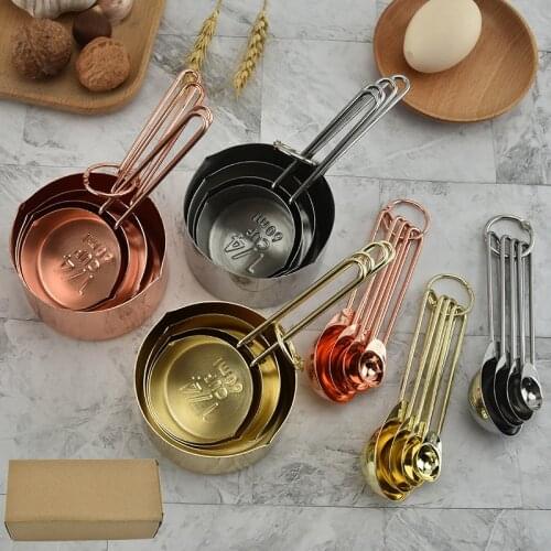 Rose Gold Stainless Steel Household Kitchen Baking Measuring Cup Measuring Spoon 8-Piece Set Scale Measuring Tool Set