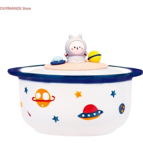 Japanese Style Ceramic Cute Cartoon Instant Noodle Bowl with Lid and Handle Creative Large Capacity Office Fruit Bowl Tableware