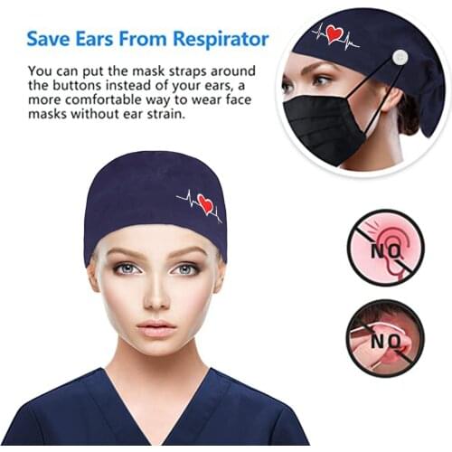 Fashion Heart Print Hats Men And Women Button Work Unisex Scrub Cap Hair Salon Health Care Bouffant Hat Gorro Enfermera FL50