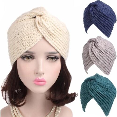 Muslim Winter Hat Warm Knit Caps Beanie Women Bonnet Sleep Chemo Turban Headwear Cancer Patients Classic Knotted Cross India Cap