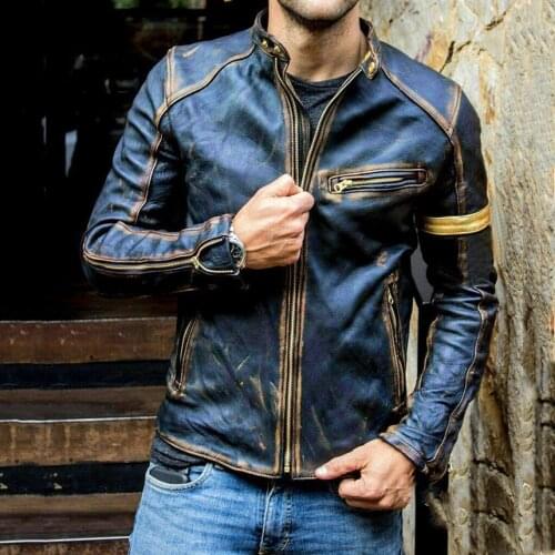 Leather Jacket Men Distressed Graffiti Faux Leather Coats Stand Collar Punk Autumn Casual Zipper Patchwork Motorcycle PU Jacket