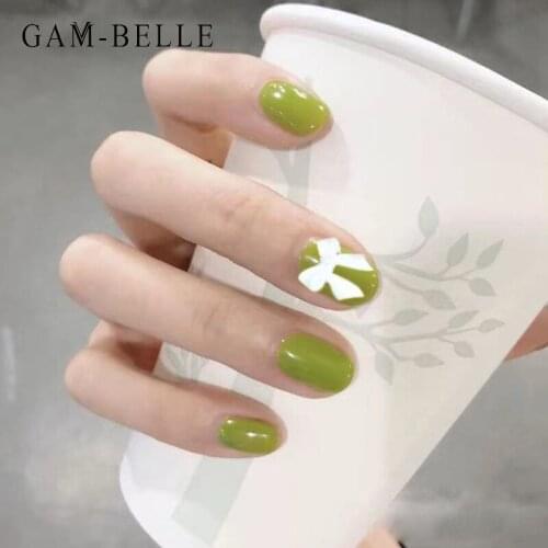 GAM-BELLE French 3D White Bow Design False Nails Avocado Green Fake Nails Tips Press On Nails Full Cover Manicure Beauty Tools