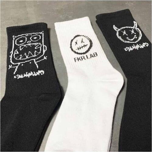 Socks Men Cotton Cartoon Pattern Hip Hop Style Breathable Mid Tube Socks Skateboard Socks 1Pair Soft Long Men White Black Sock