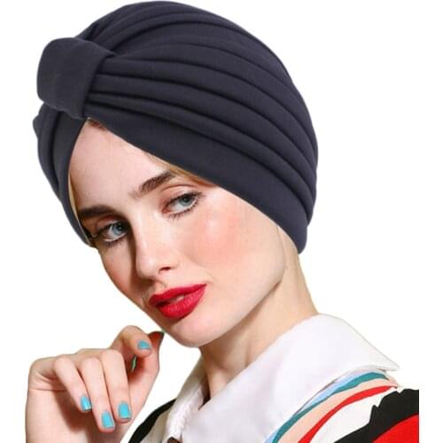 New Women Knotted Indian Cap Inner Hijab Stretchy ruffle Turban Muslim Hat Headband Female Chemo Caps Adult Head Wrap headcover