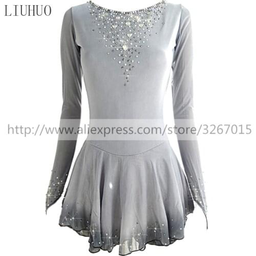 LIUHUO Figure Skating Dress Womens Girls' Ice Skating Gray Long sleeve Latin Dance Ballet Roller skating clothes competition