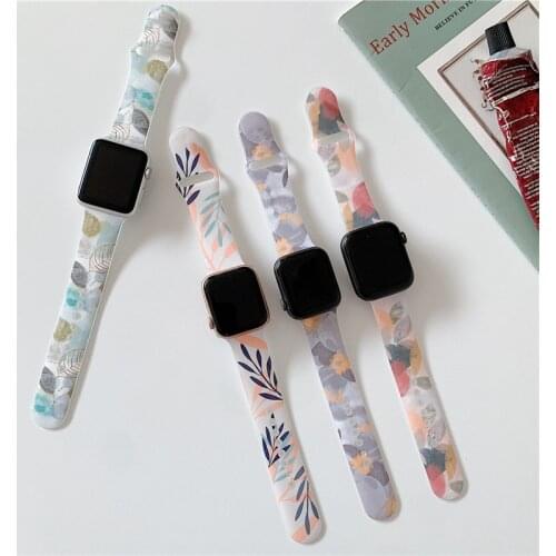 Leaves Bands For Apple watch Series 6 5 4 3 2 1 SE 40mm 44mm Silicone Pattern Printed Strap for iWatch Series 4 3 2 38mm 42mm