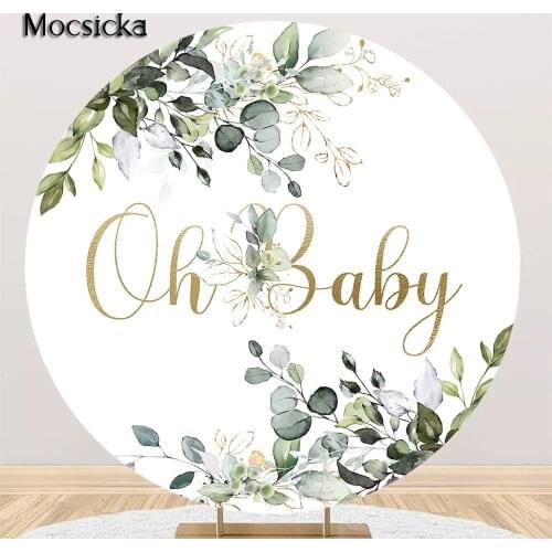 Oh Baby Party Backdrop Decoration Green Leaves Newborn Baby Shower Background Cake Smash Photography Round Circle Props